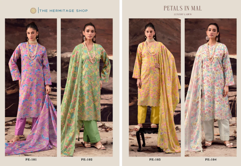 Hermitage Petals In Mal Lawn Cotton Embroidered Dress Material